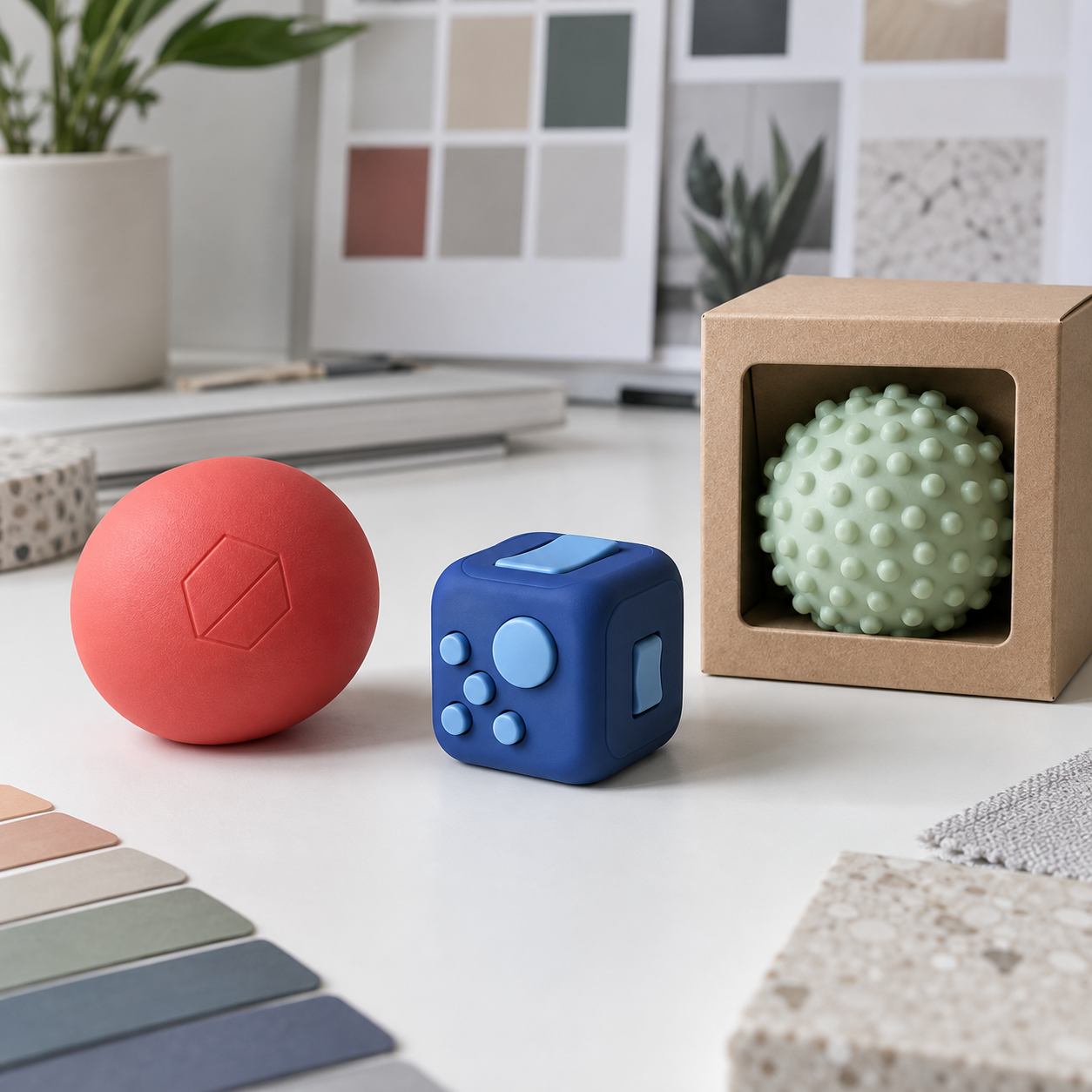 Unbranded custom stress ball, fidget cube and textured sensory ball with retail packaging